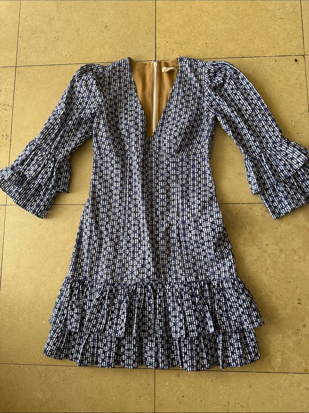 Michael Kors Collection Navy & White V-Neck Ruffle Mini Dress